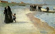 Peter Severin Kroyer, en hvid bad i strandkanten, lys sommeraften